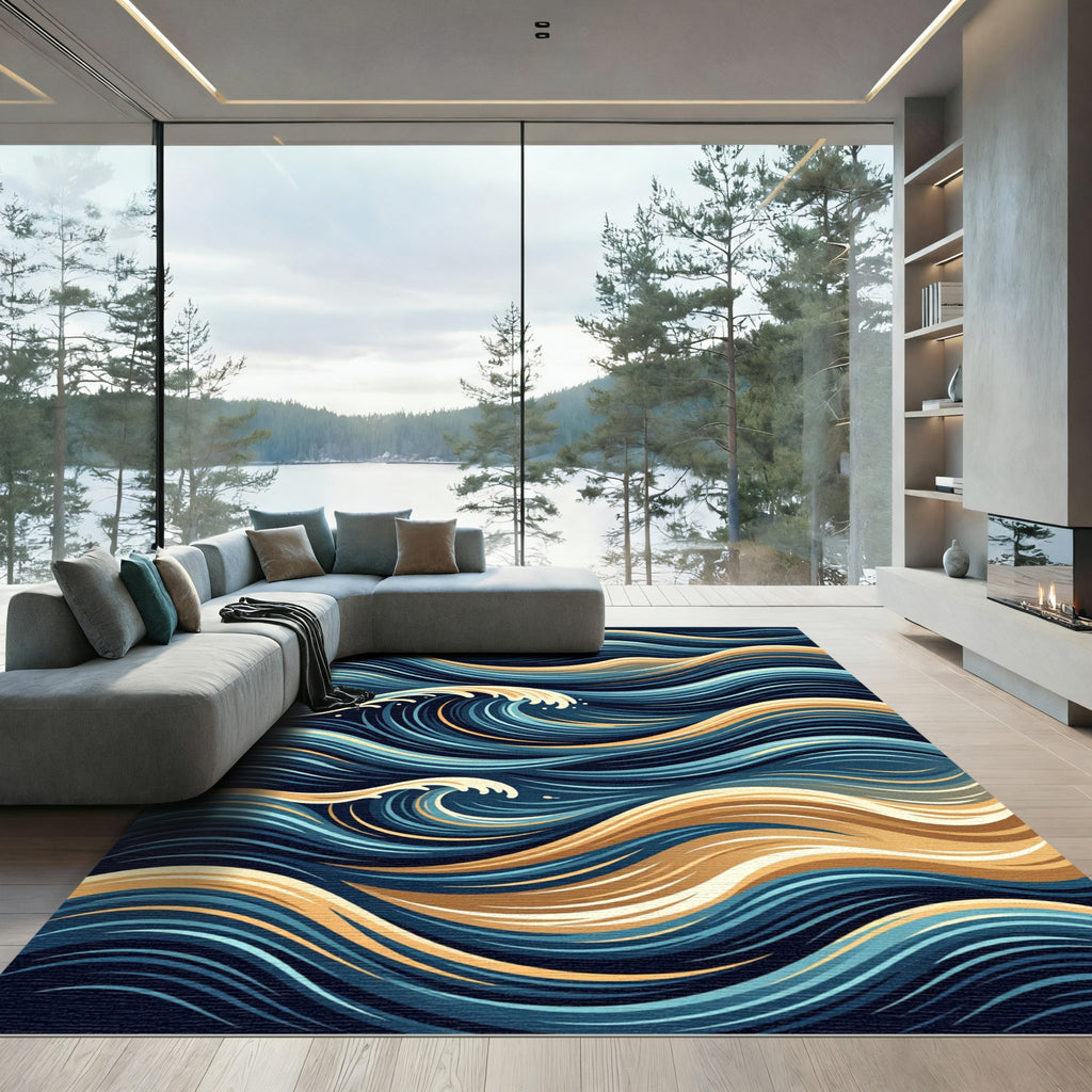 Abstract Gold and Navy Ocean Wave Rug