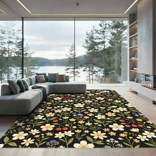 Black Floral Cherry Blossom Meadow Rug