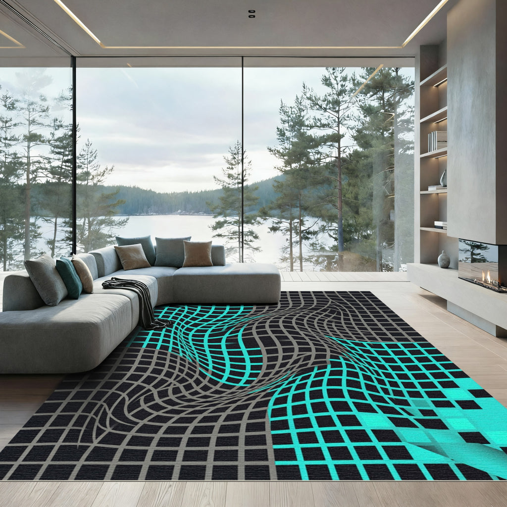 Abstract Teal and Charcoal Warped Grid Rug