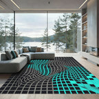 Abstract Teal and Charcoal Warped Grid Rug