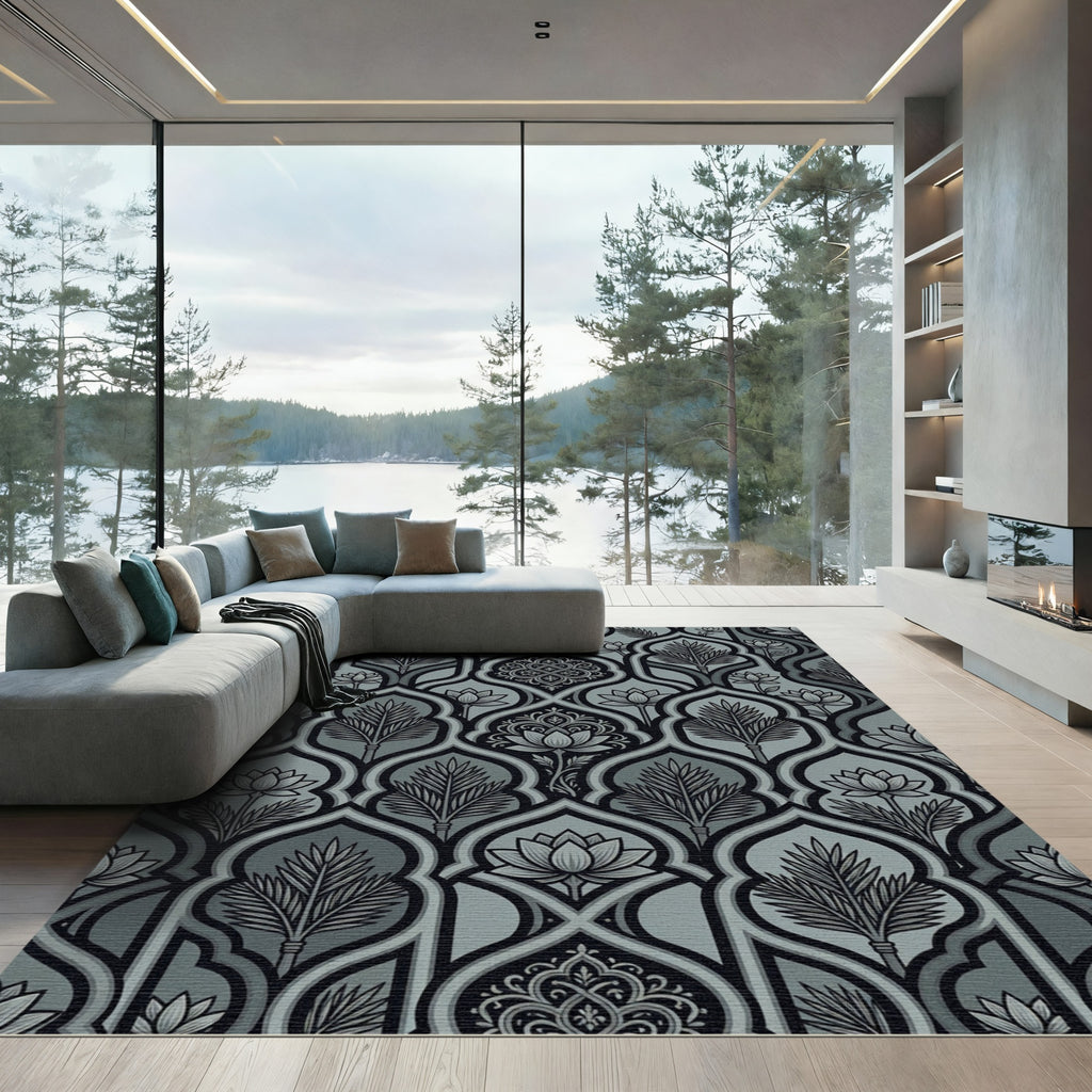 Monochromatic Gray Lotus Arch Pattern Rug