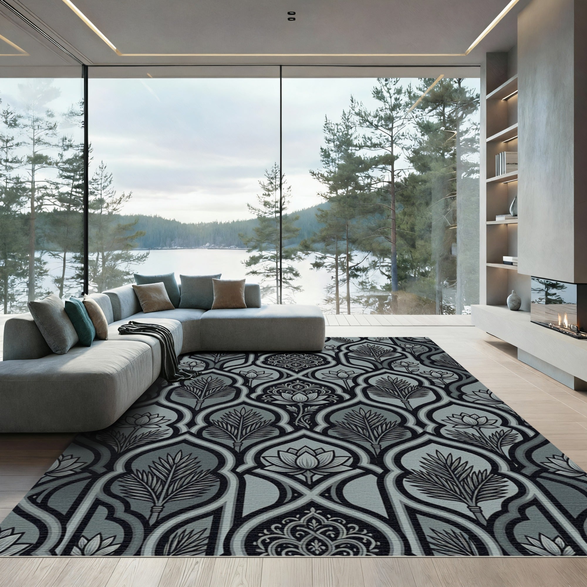 Monochromatic Gray Lotus Arch Pattern Rug