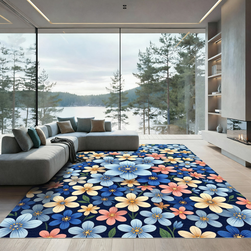 Vibrant Blue Peach Floral Burst Rug