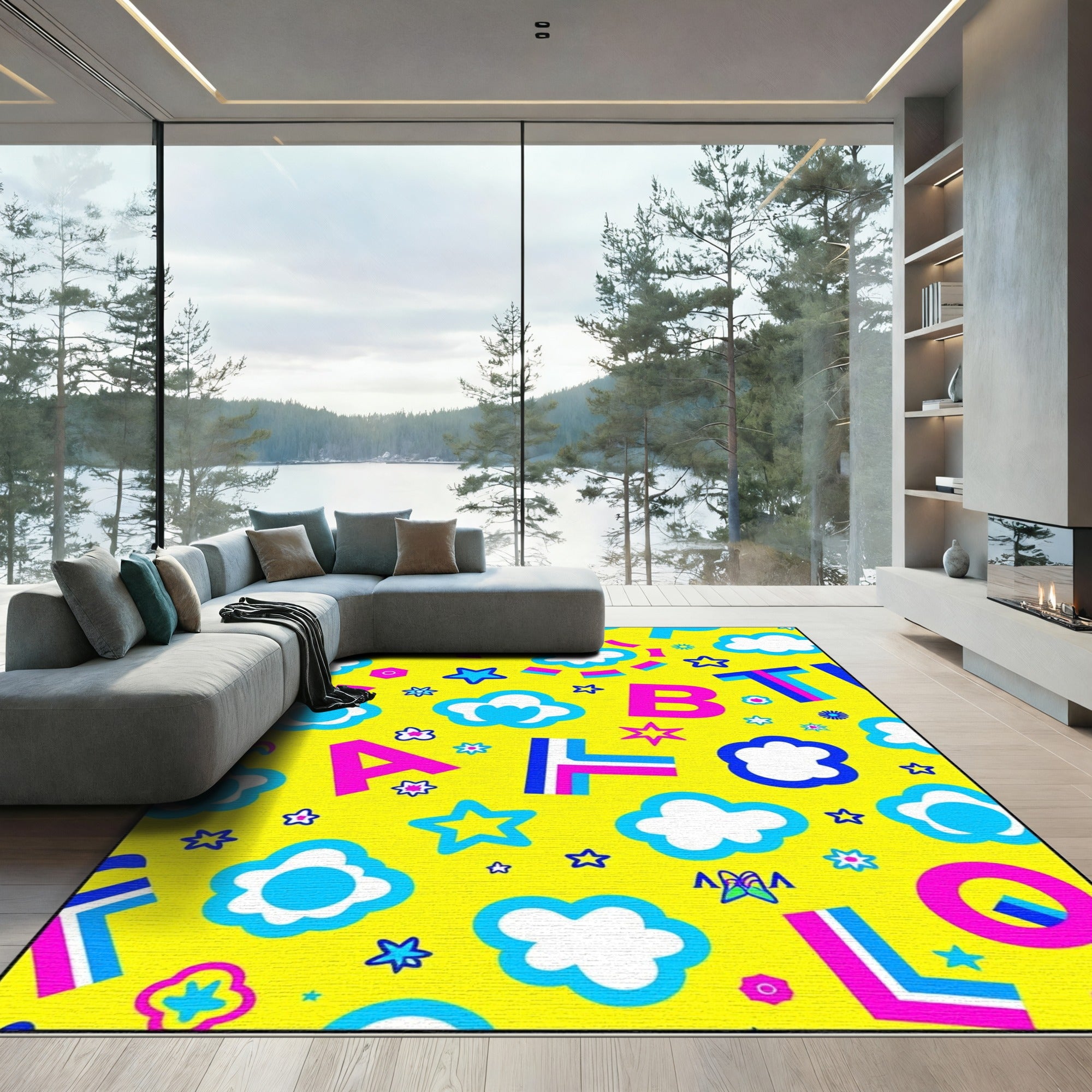 Vibrant Yellow Alphabet Clouds Stars Rug