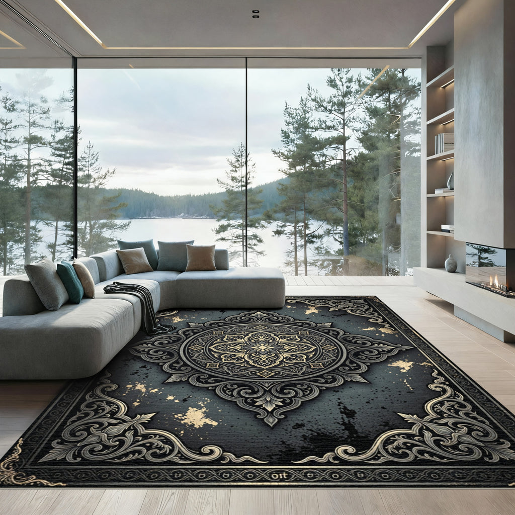 Ornate Charcoal and Champagne Damask Medallion Rug