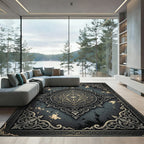 Ornate Charcoal and Champagne Damask Medallion Rug