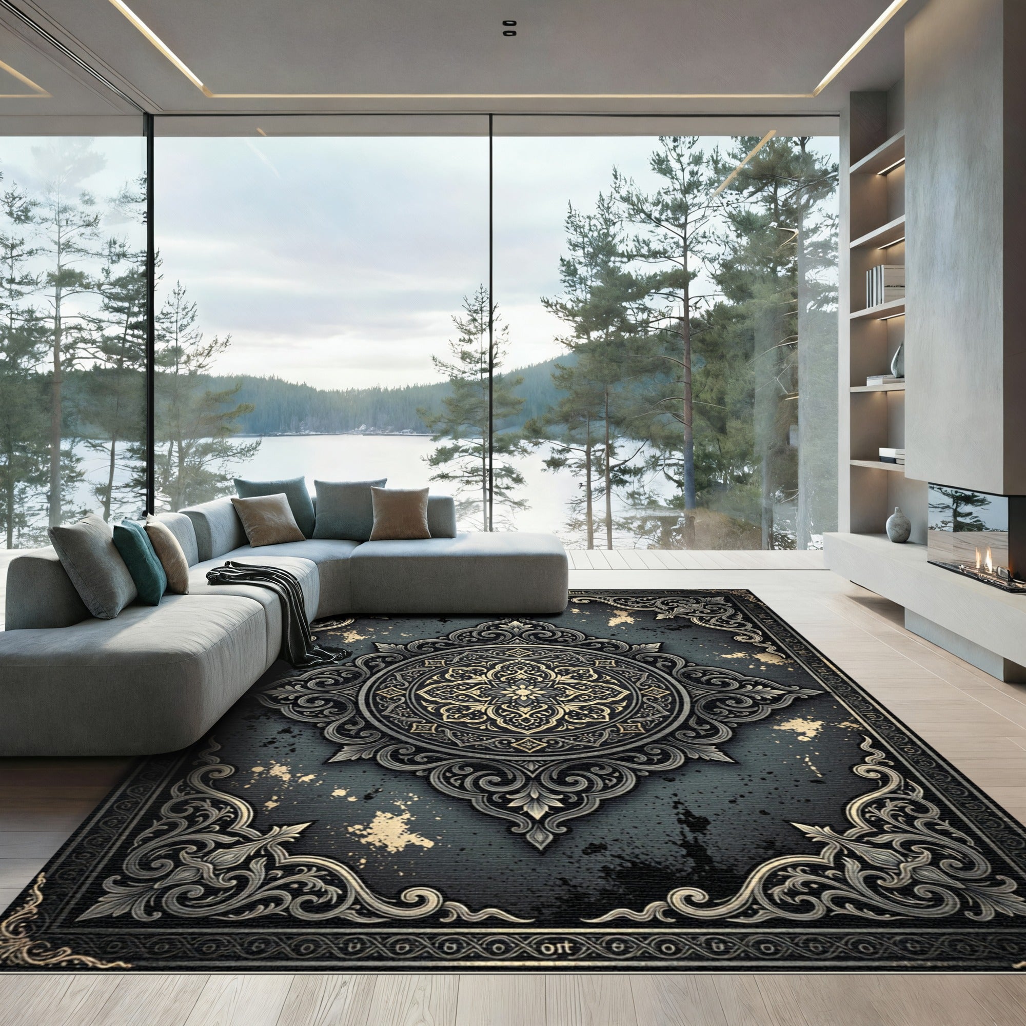 Ornate Charcoal and Champagne Damask Medallion Rug