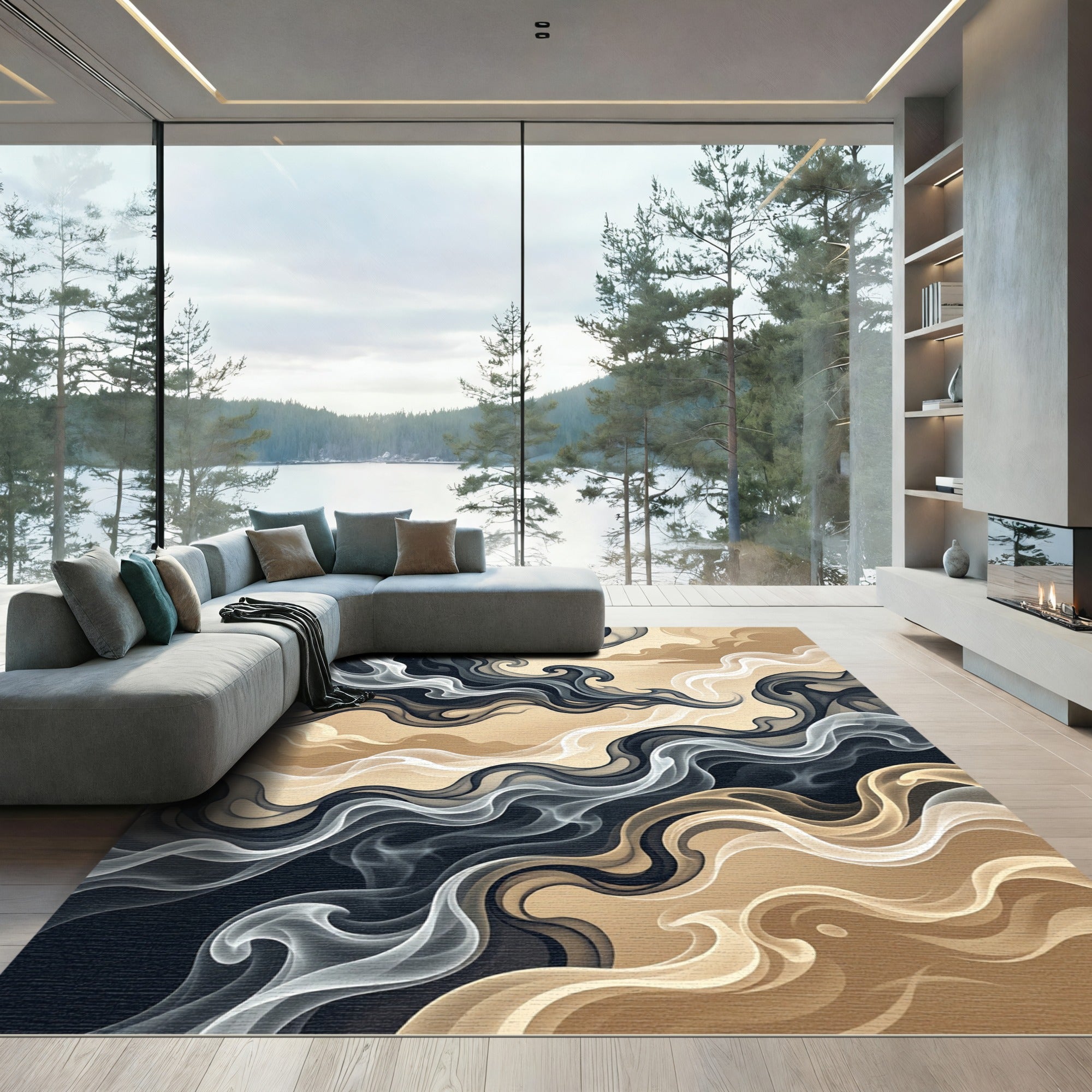 Ethereal Swirling Smoke Abstract Gold Rug