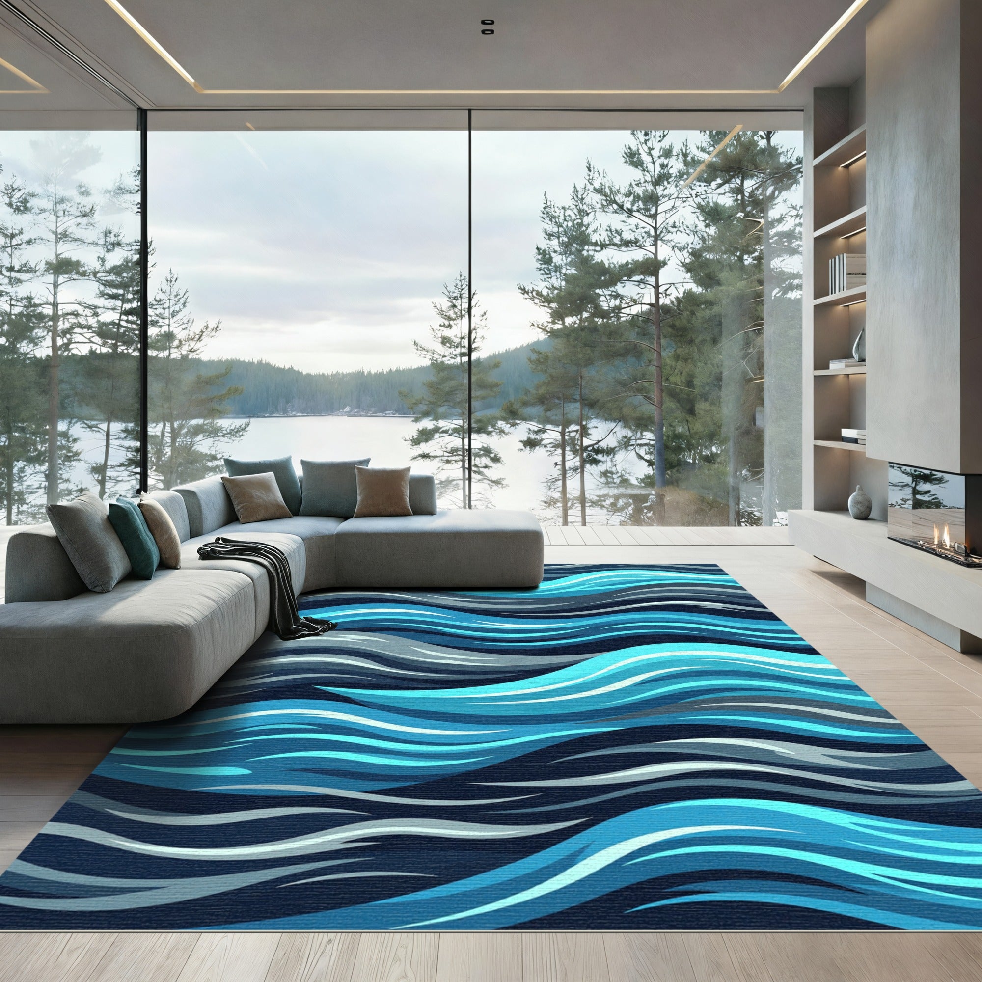 Oceanic Blue Serpentine Waves Rug