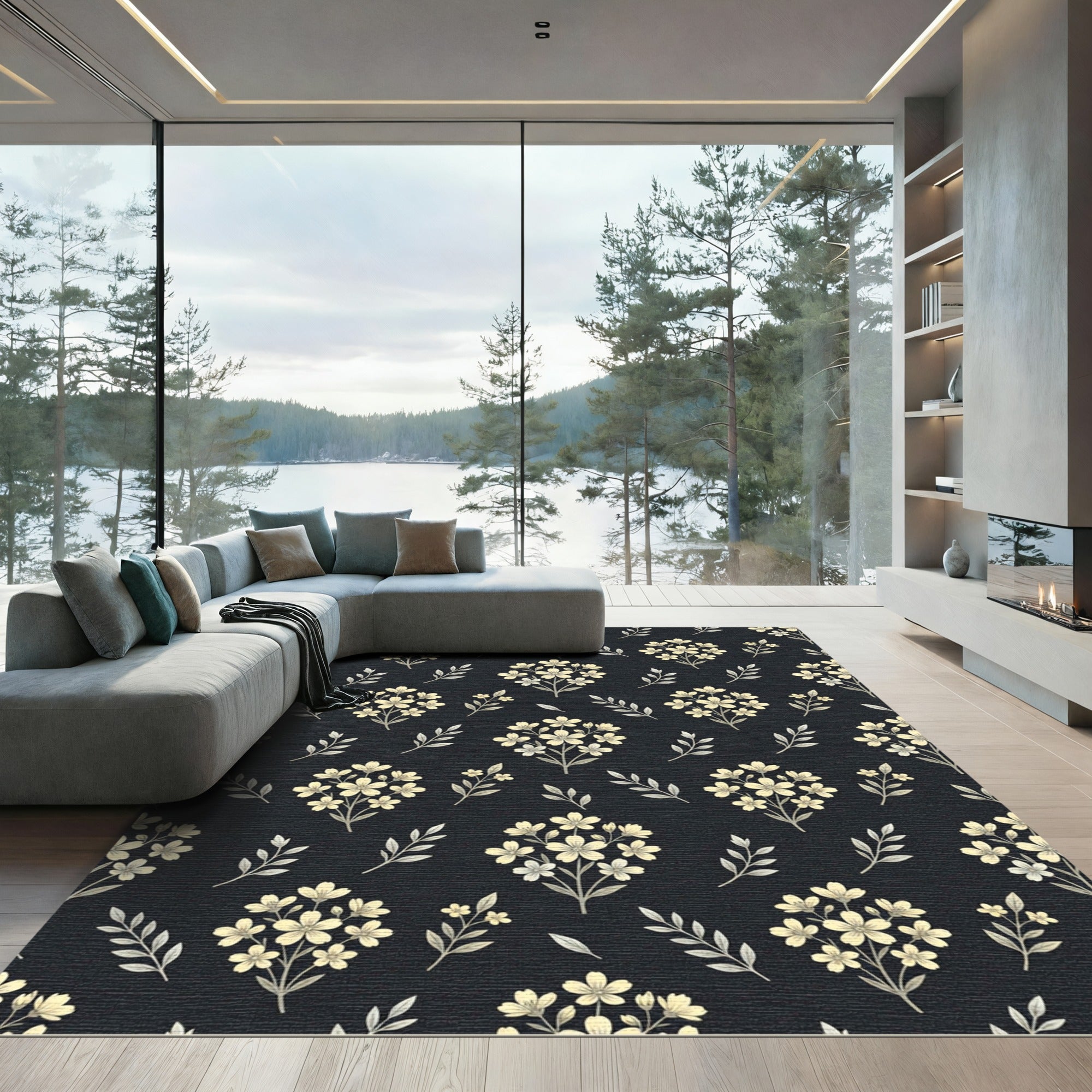 Pale Yellow Branch Floral Pattern Rug