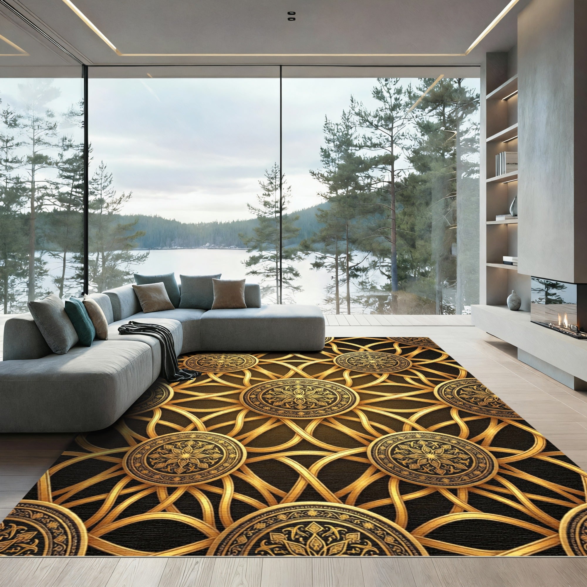 Gilded Circular Medallion Interwoven Gold Wallpaper Rug
