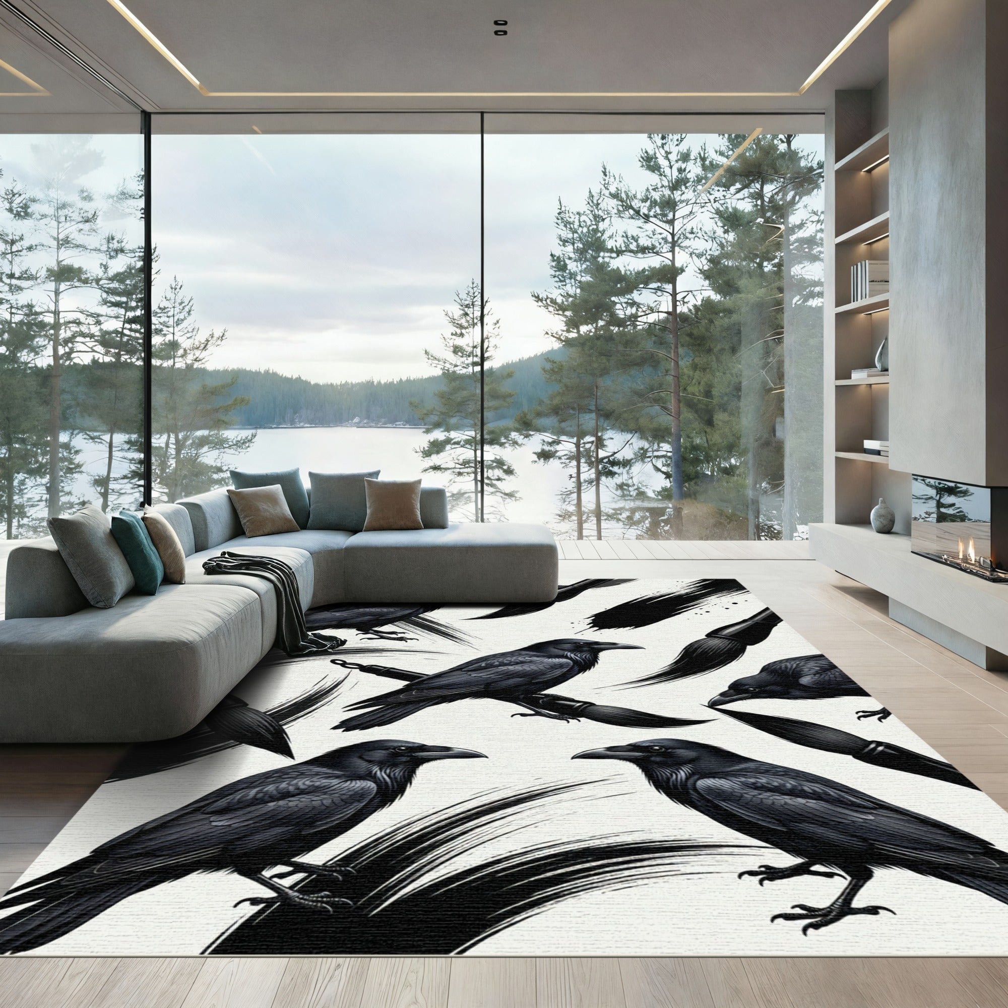 Black Raven Ink Brush Composition Rug