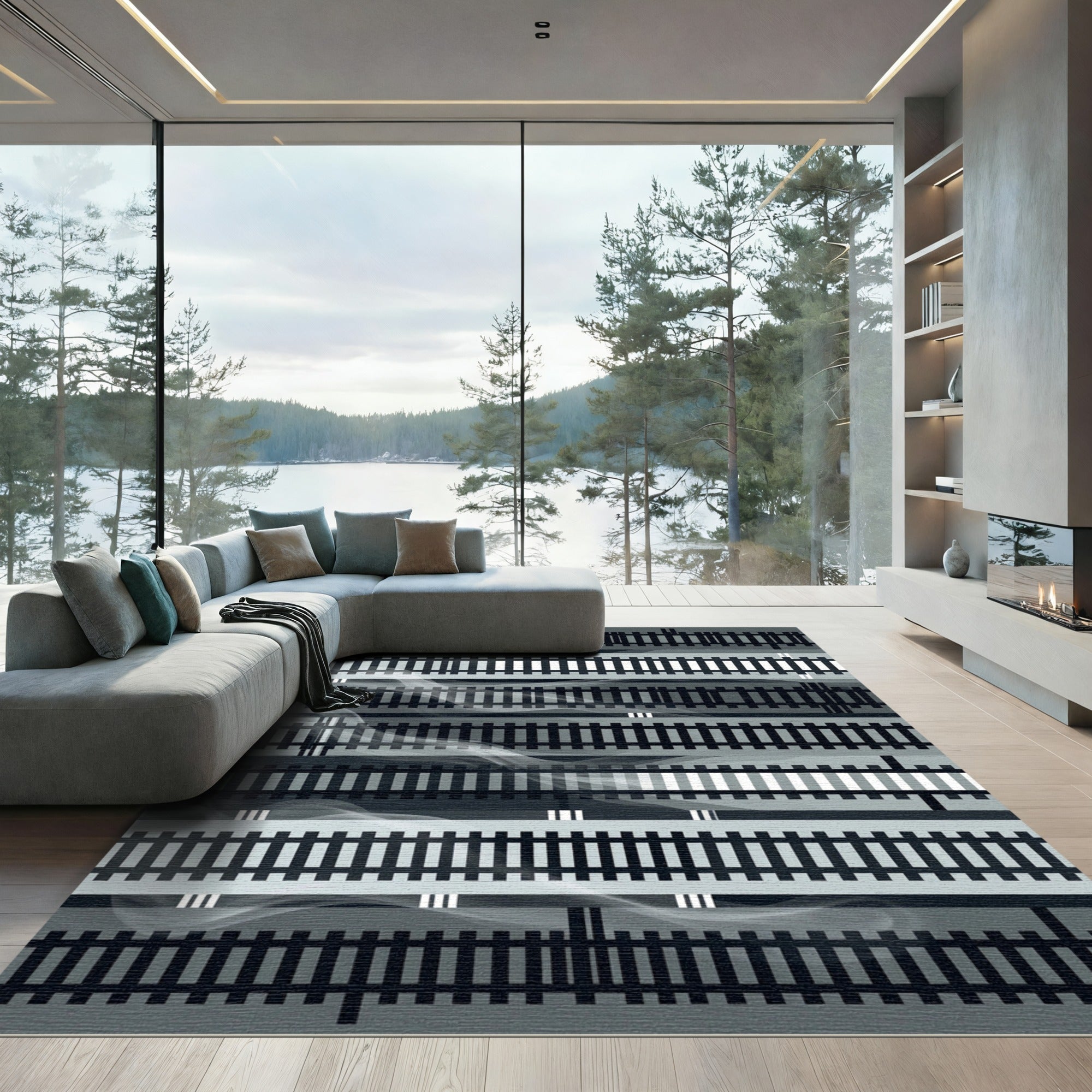 Monochrome Linear Abstract Rail Smoke Artwork Rug