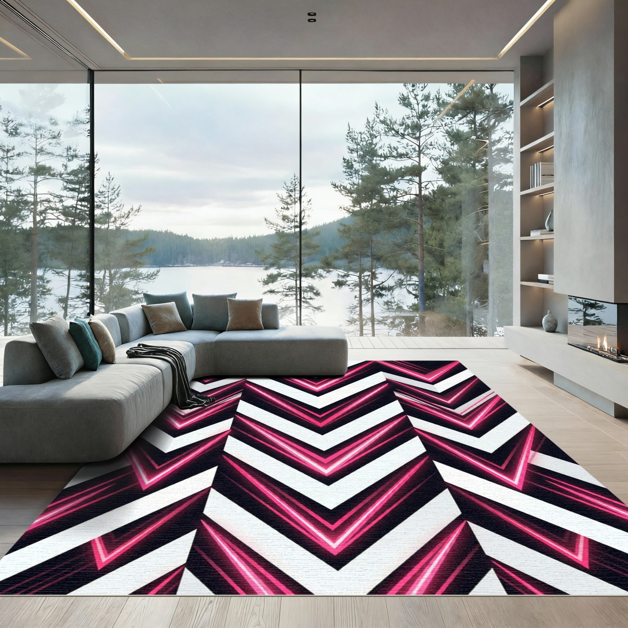 Neon Chevron Black and White Abstract Rug
