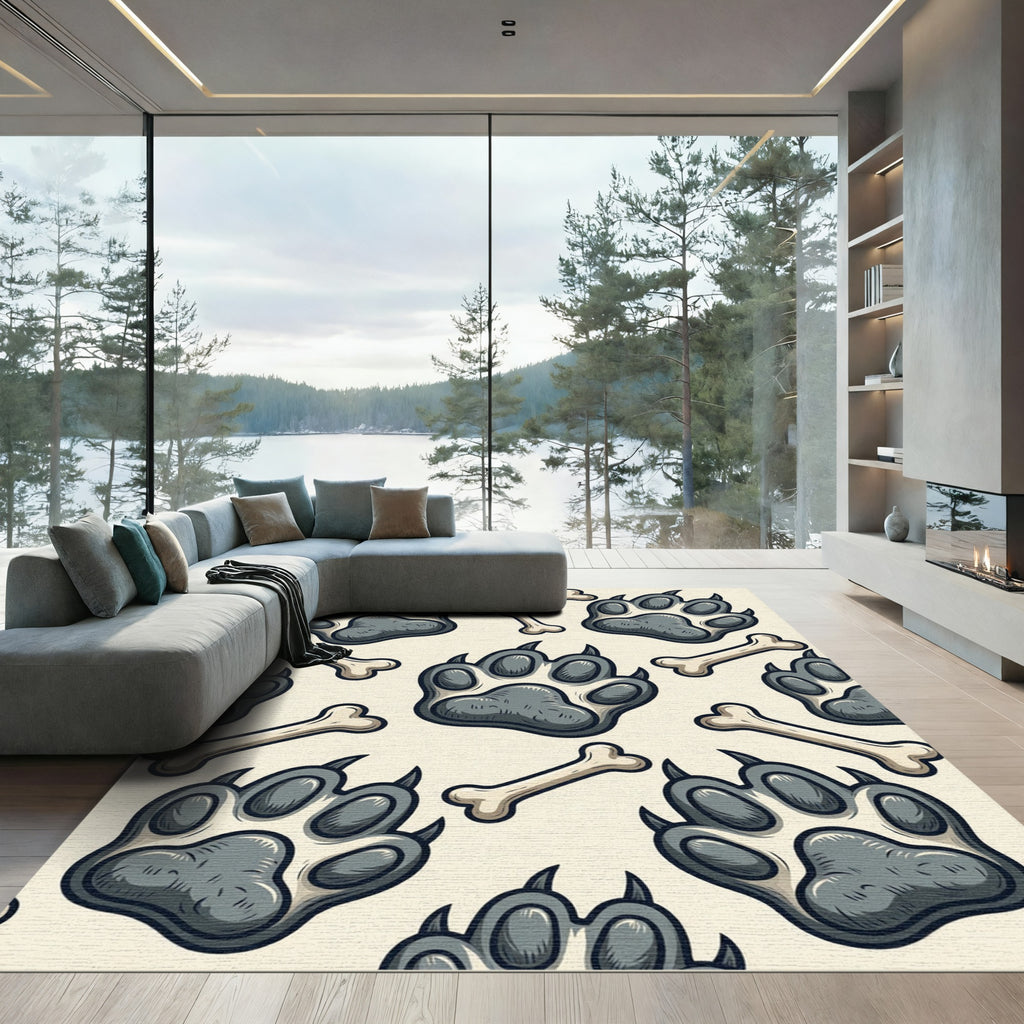 Playful Gray Paw Bone Cream Background Rug