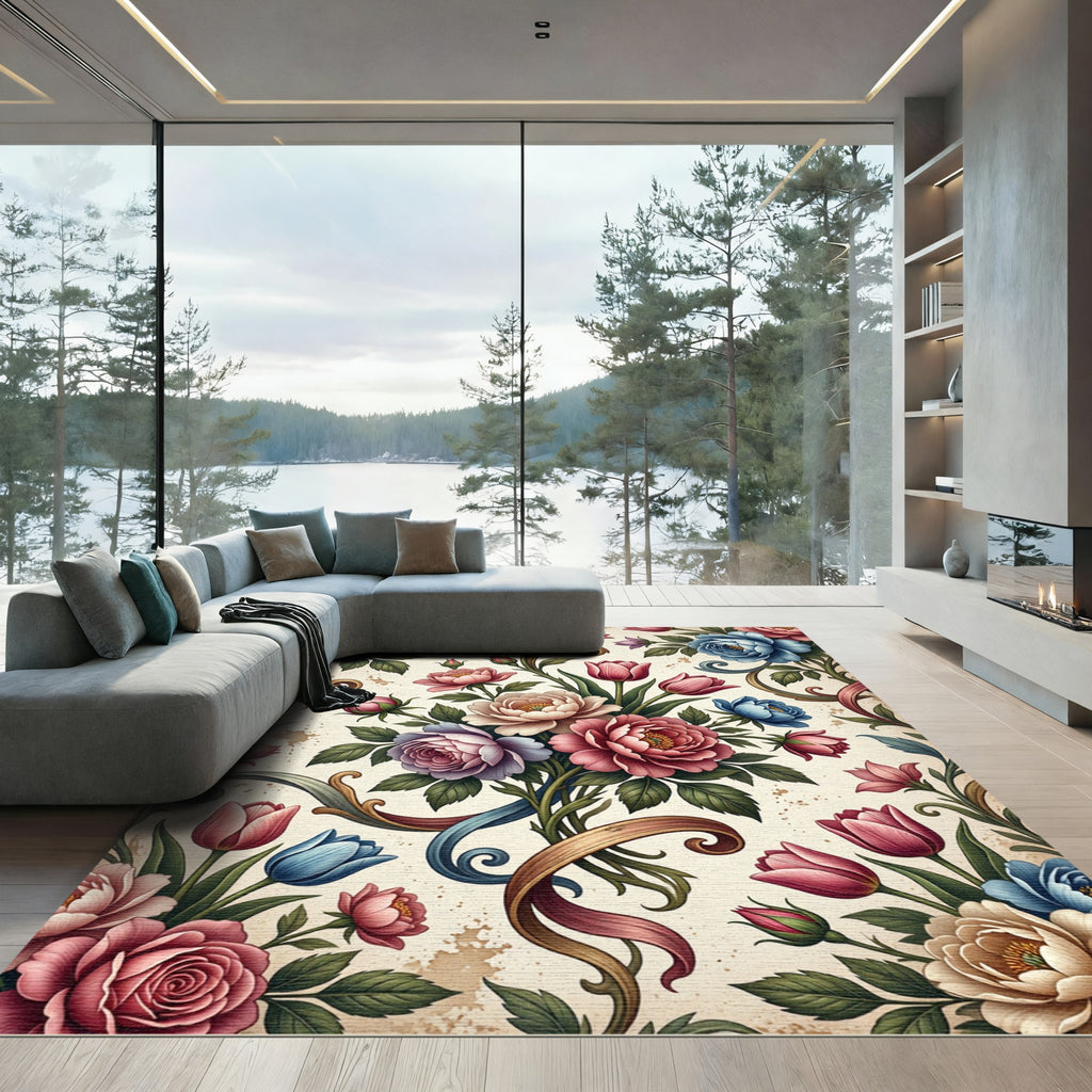 Vintage Elegant Rose Floral Scroll Arrangement Rug