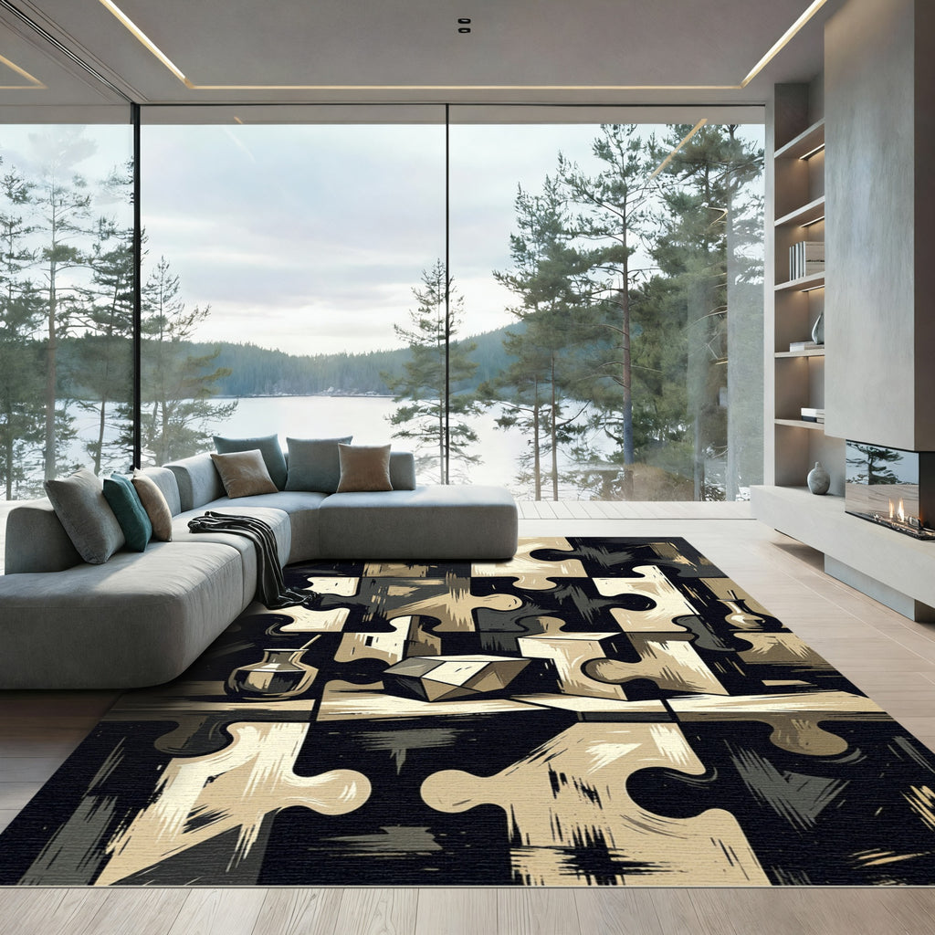 Monochromatic Abstract Geometric Jigsaw Puzzle Rug