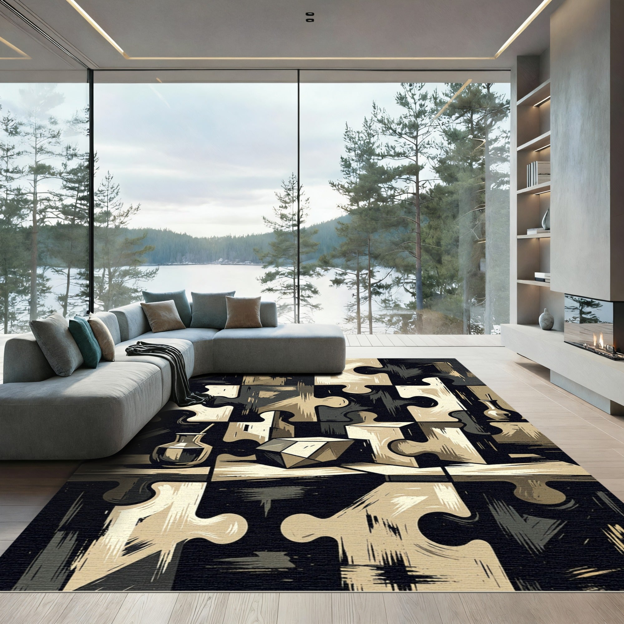 Monochromatic Abstract Geometric Jigsaw Puzzle Rug