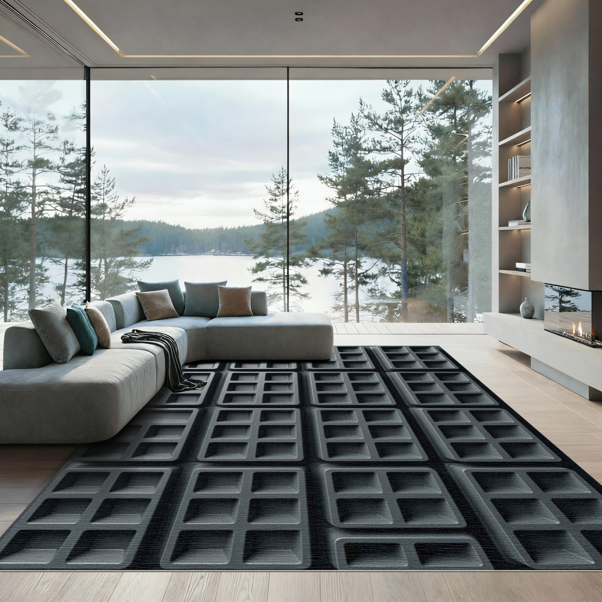 Monochromatic Industrial Grid Structural Abstract Rug
