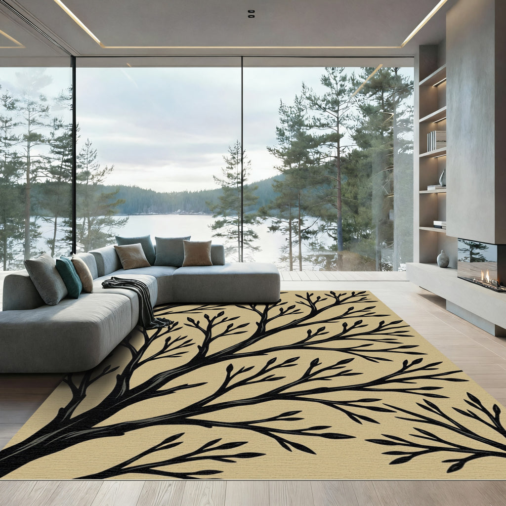 Minimalist Black Branching Tree Earthy Rug