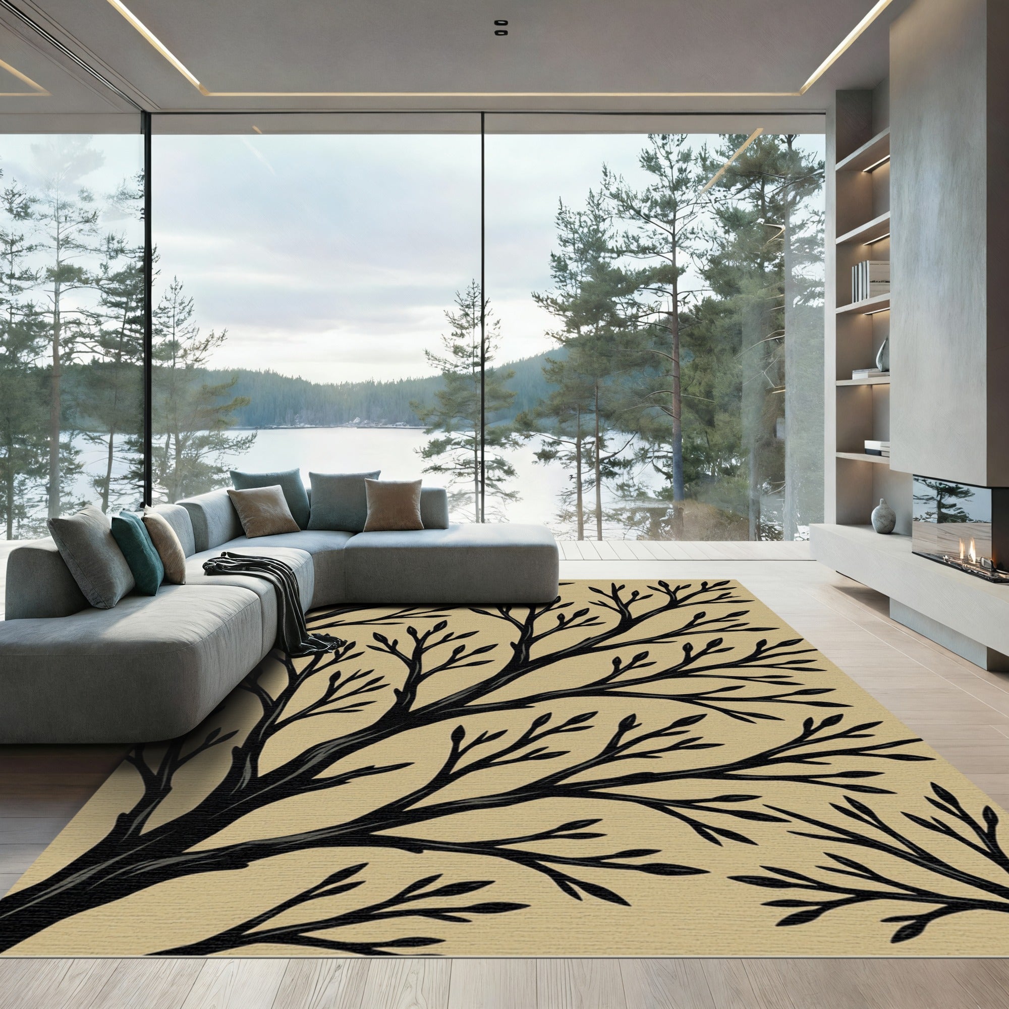 Minimalist Black Branching Tree Earthy Rug