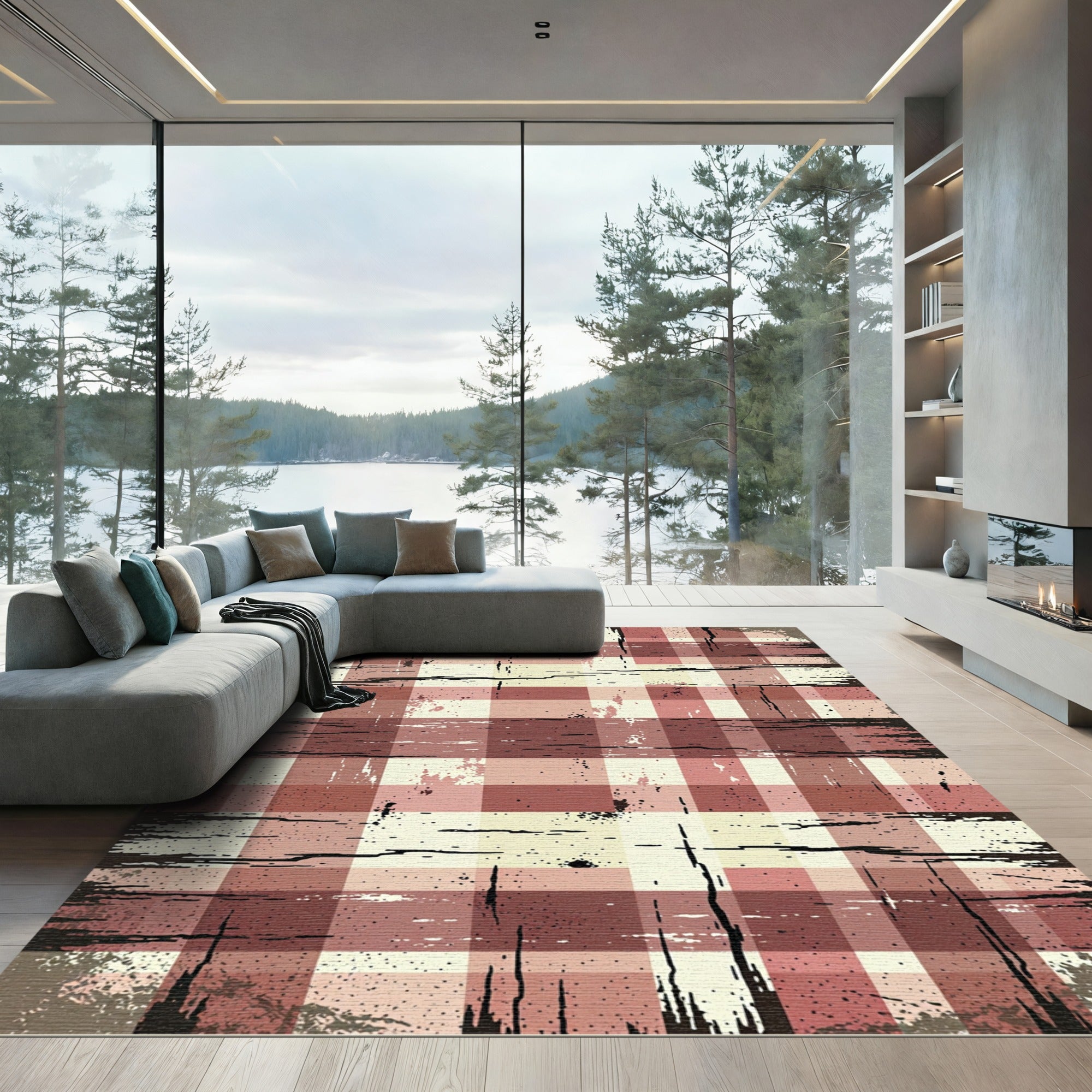 Rustic Red Distressed Plaid Rug