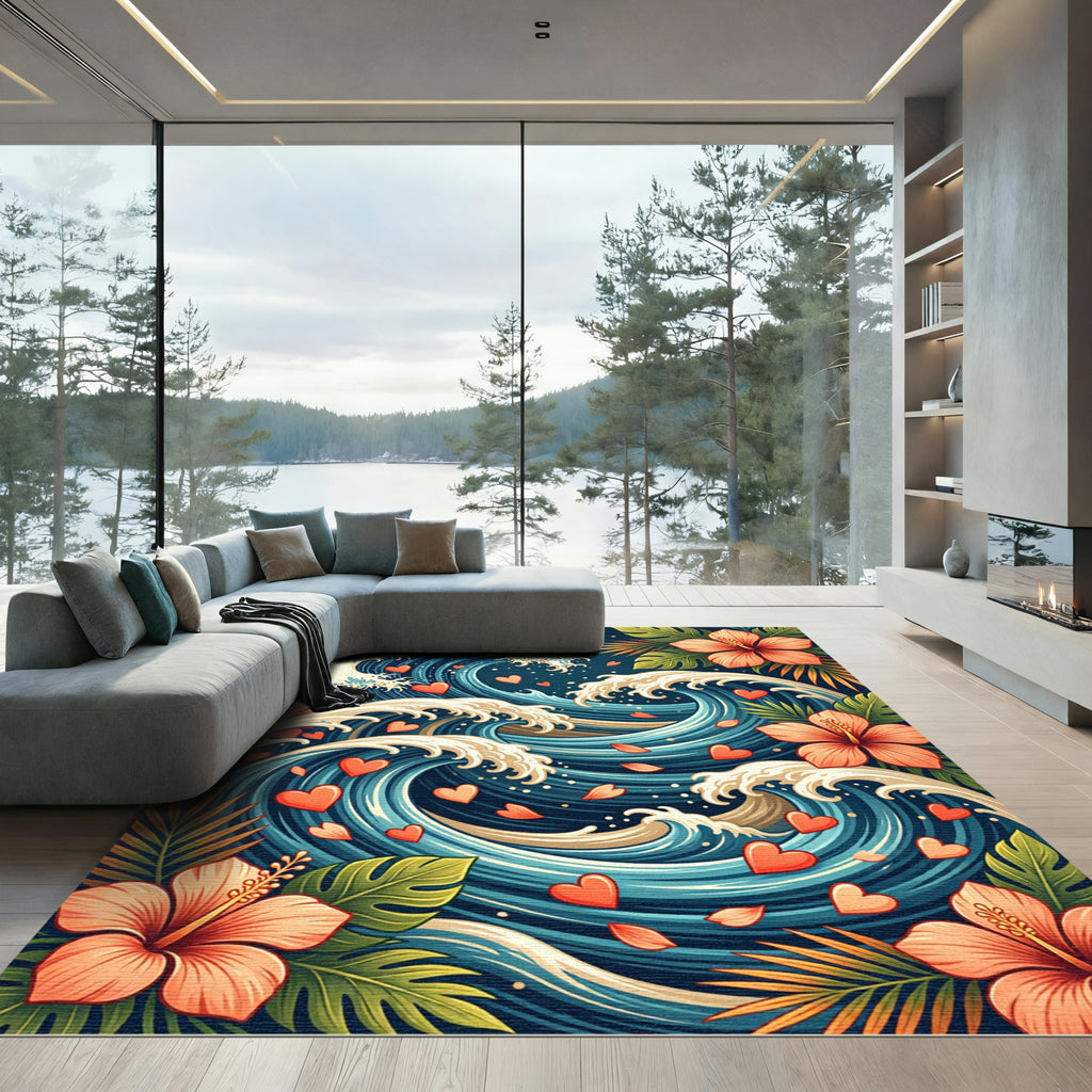 Coral Hibiscus Ocean Hearts Waves Rug