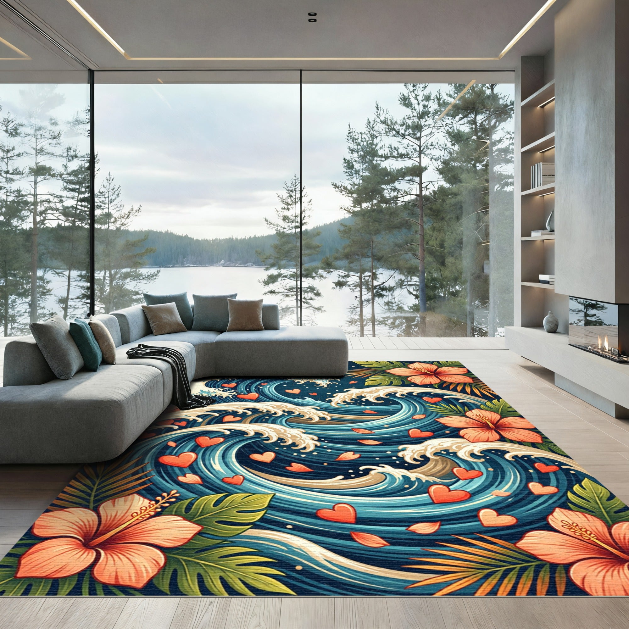Coral Hibiscus Ocean Hearts Waves Rug