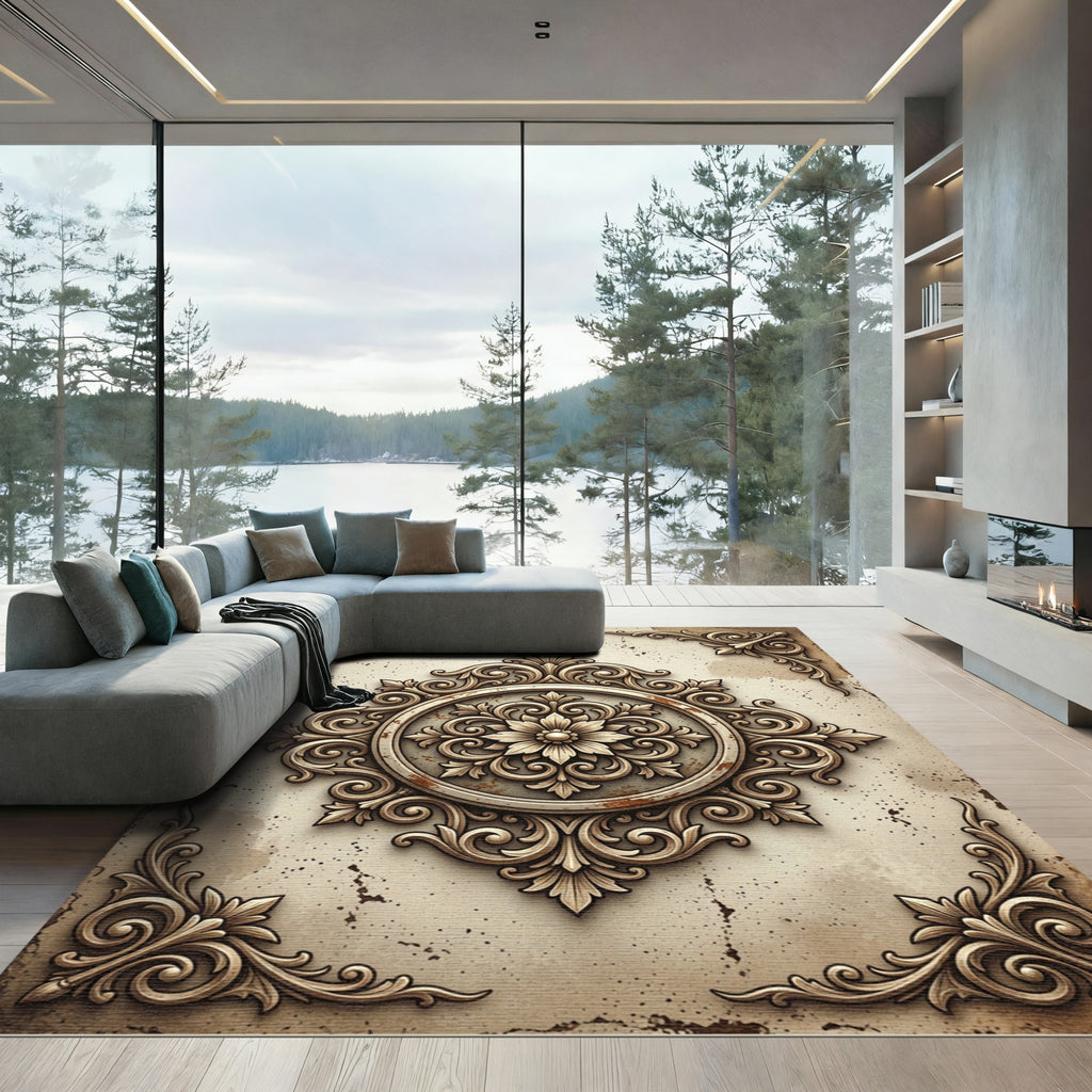 Ornate Antique Beige Floral Medallion Rug