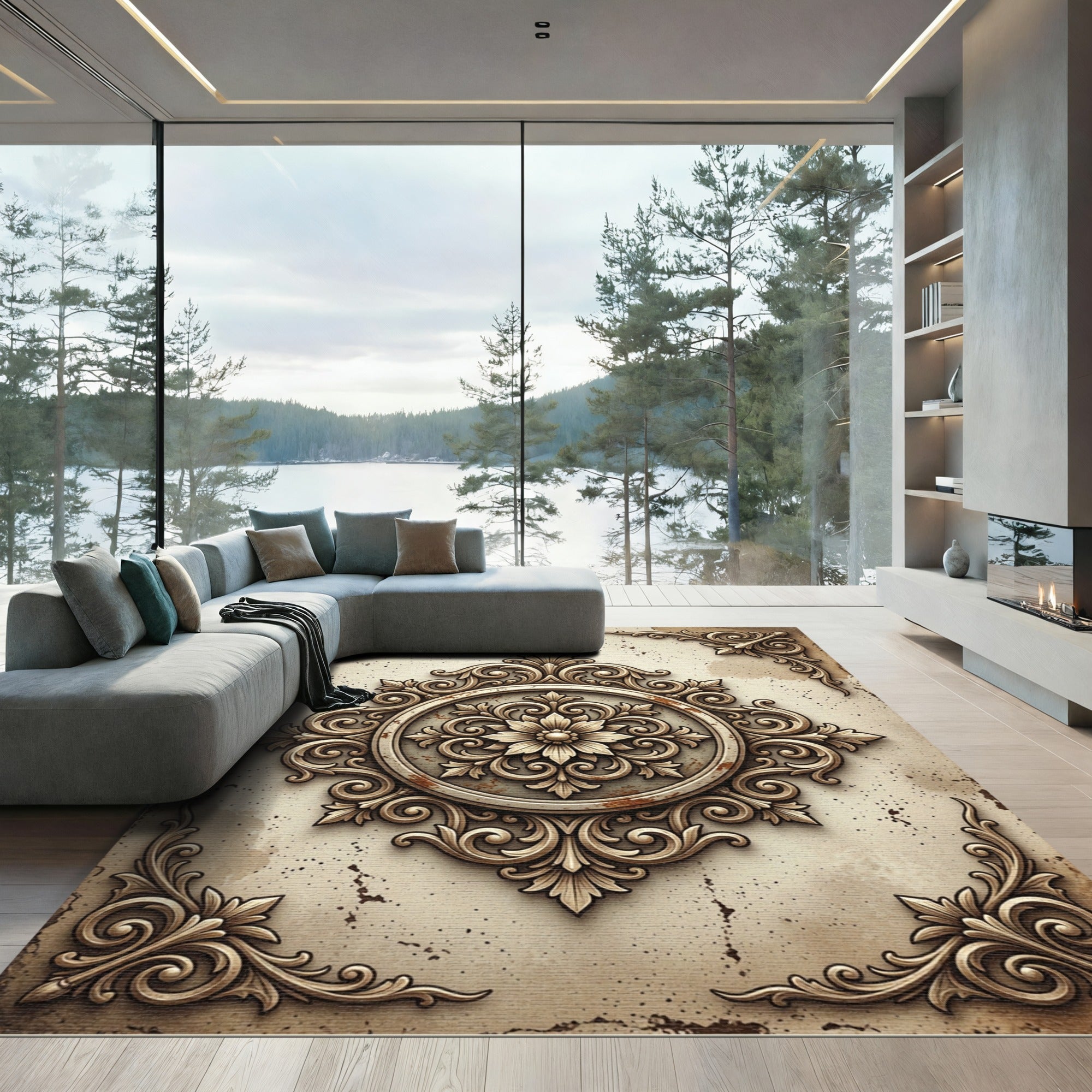 Ornate Antique Beige Floral Medallion Rug