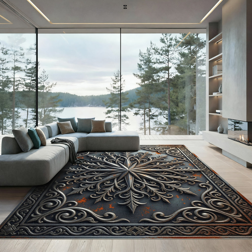 Ornate Metallic Silver Filigree Compass Rug