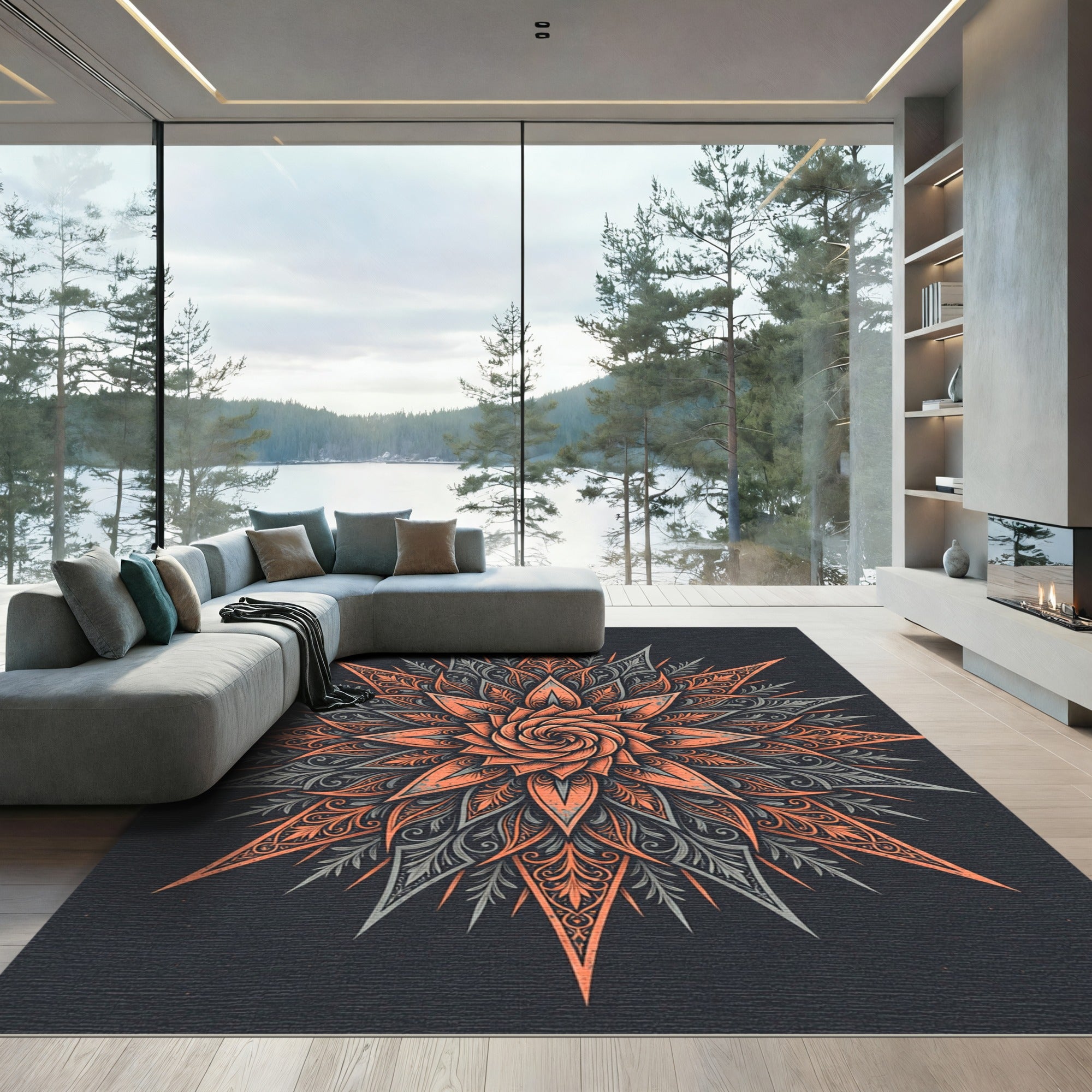 Coral Gray Intricate Floral Starburst Rug
