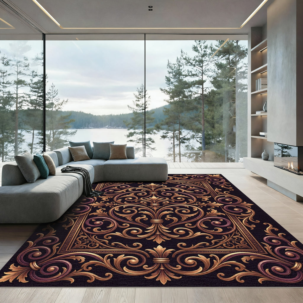 Ornate Golden Baroque Scroll Crest Rug