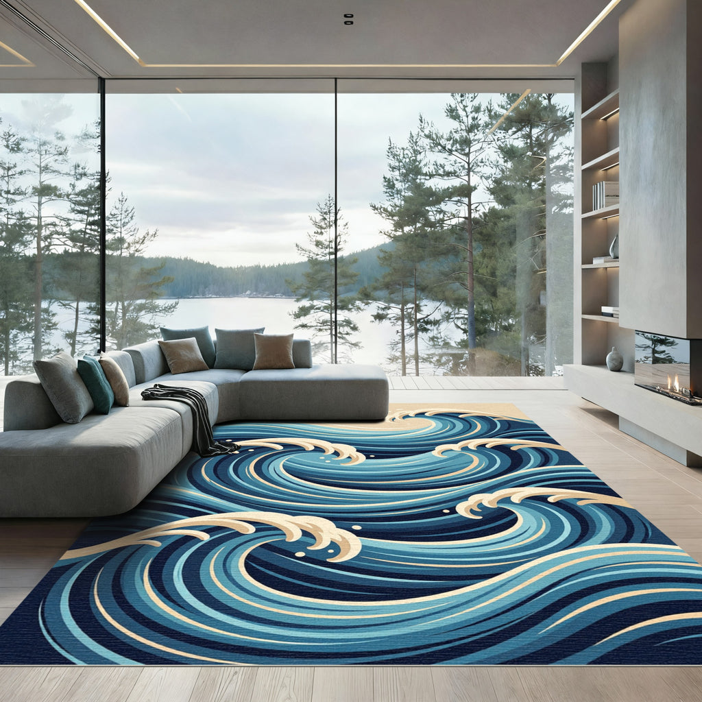 Abstract Navy Blue Ocean Wave Rug