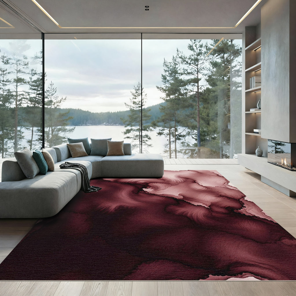 Deep Burgundy Abstract Alcohol Ink Swirl Rug