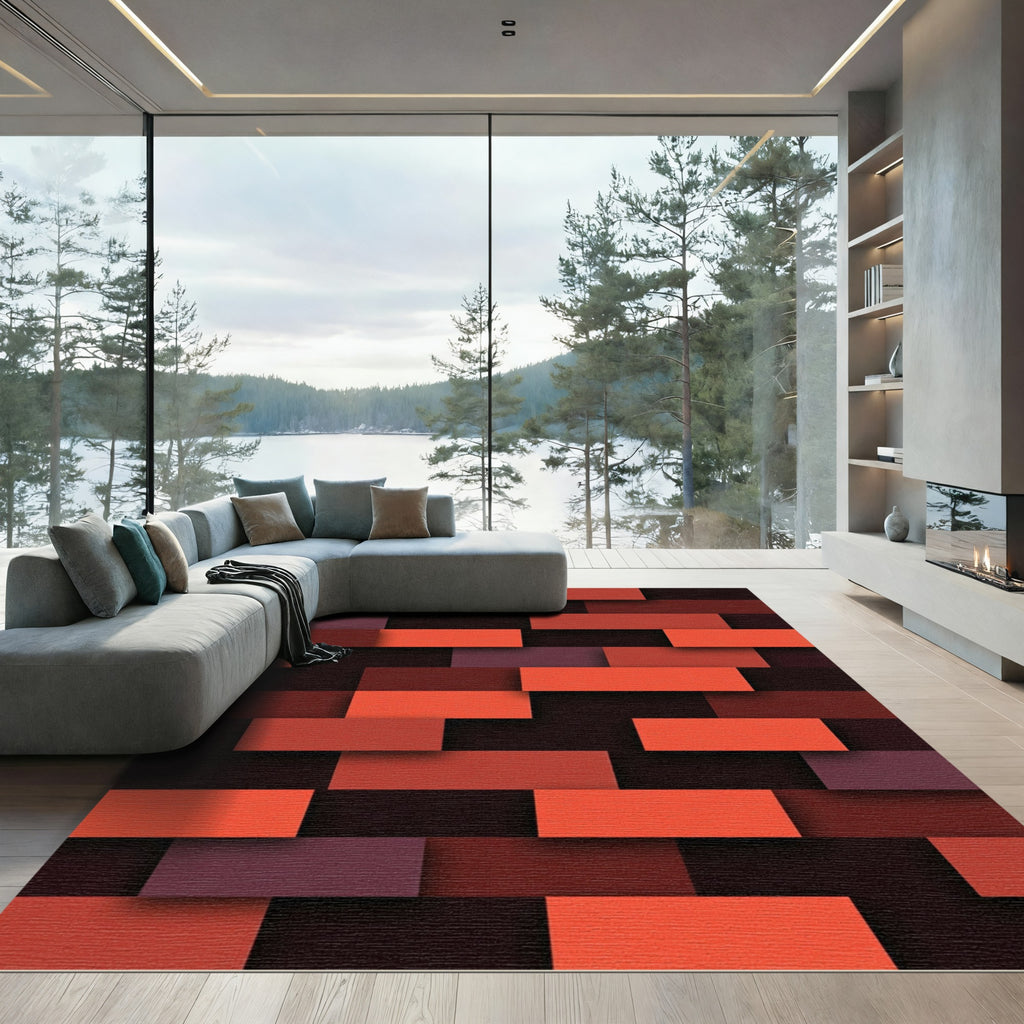 Crimson Offset Rectangles Stacked Rug