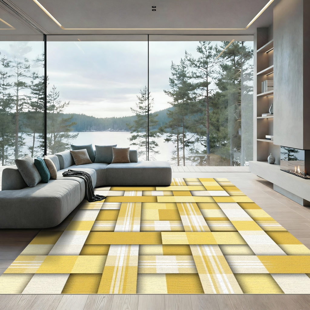 Golden Yellow Woven Plaid Overlay Rug