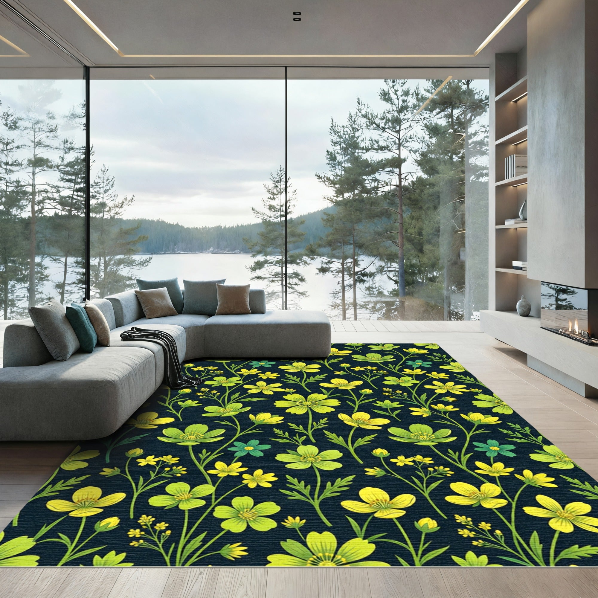 Lush Yellow Green Floral Pattern Rug