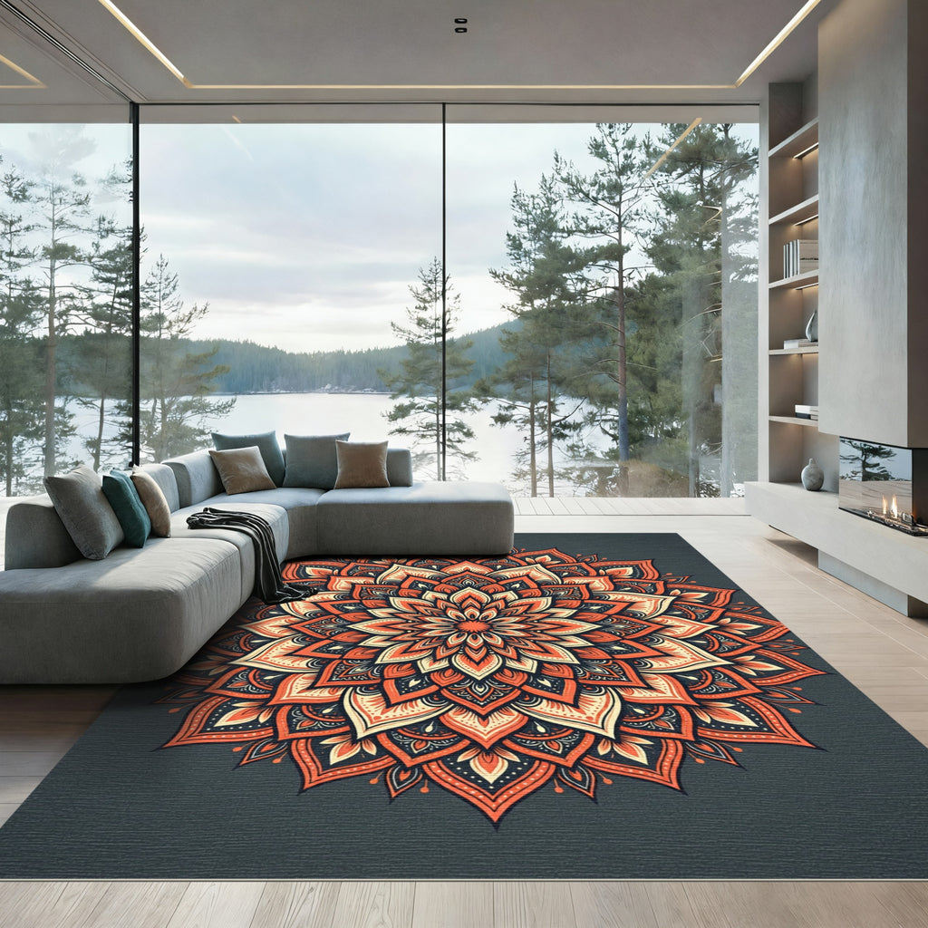 Radiant Burnt Orange Floral Mandala Rug