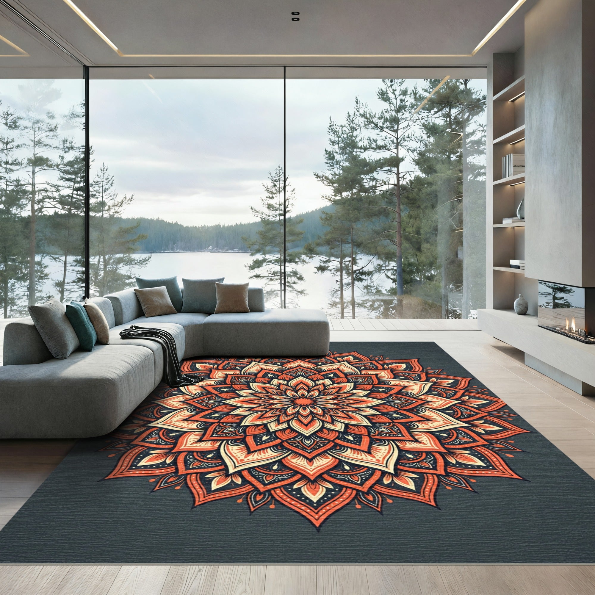 Radiant Burnt Orange Floral Mandala Rug