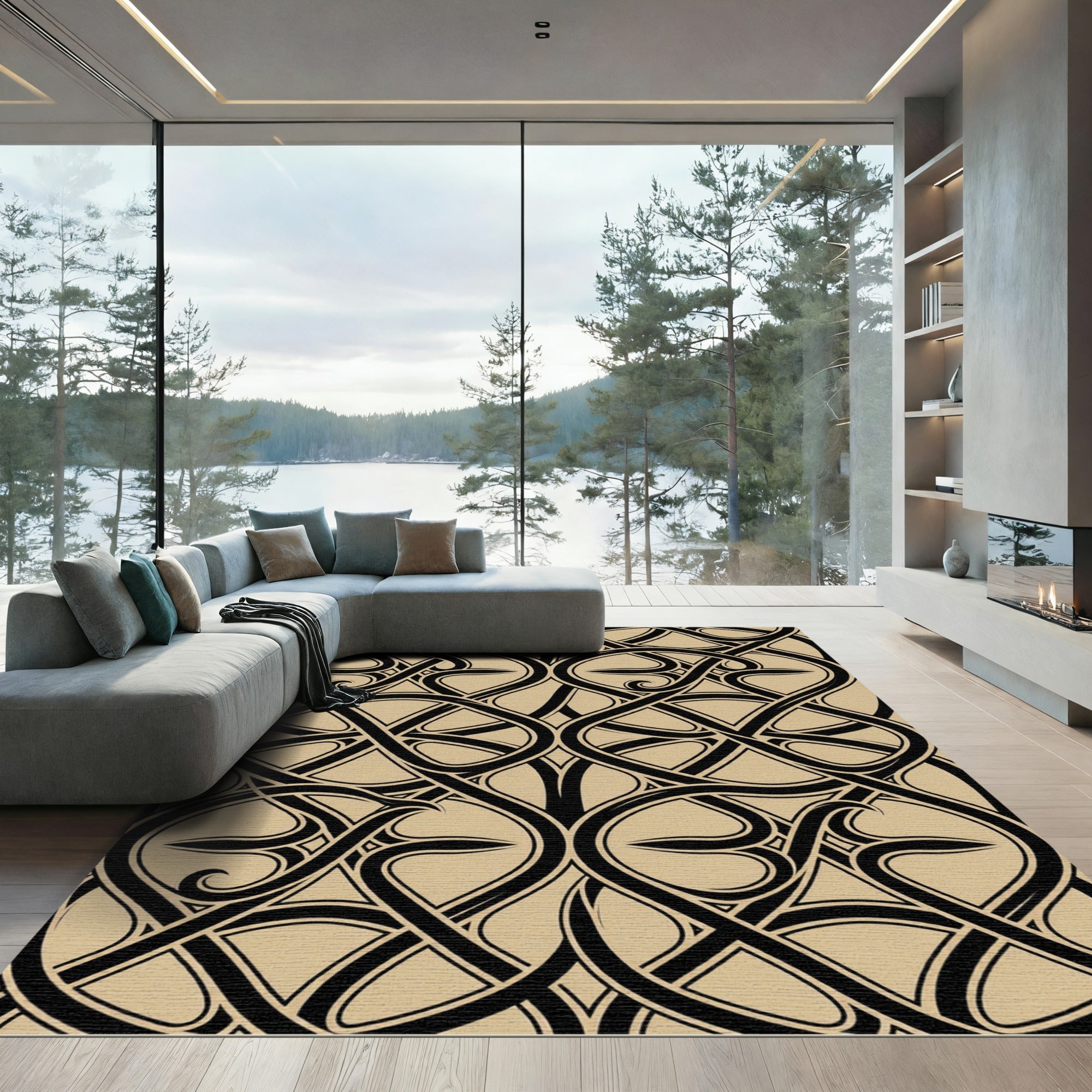 Elegant Black and Taupe Interlocking Scroll Rug