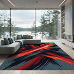 Bold Crimson Black Abstract Brushstroke Rug