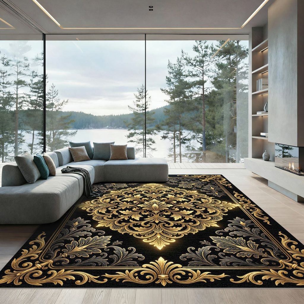 Gilded Ornate Damask Black Gold Luxury Rug