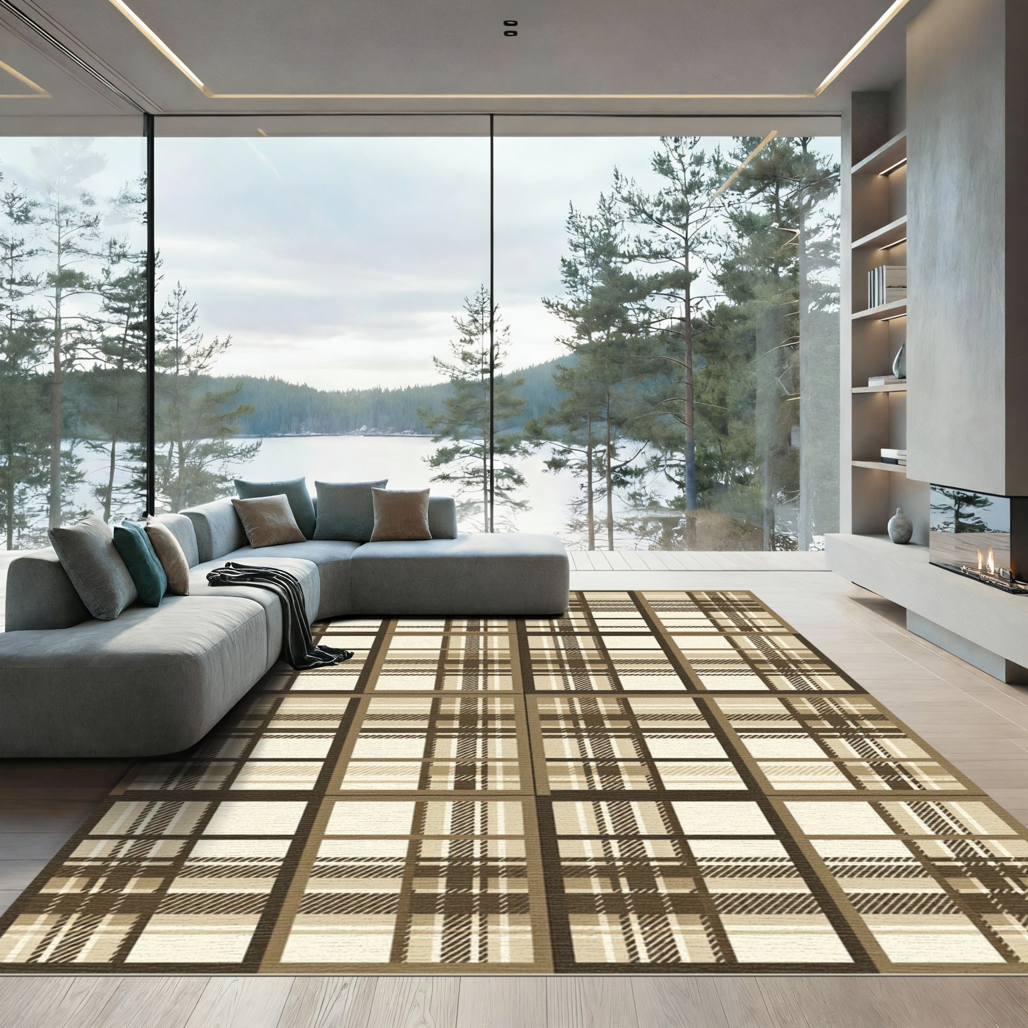 Earthy Tan Plaid Window Pane Rug