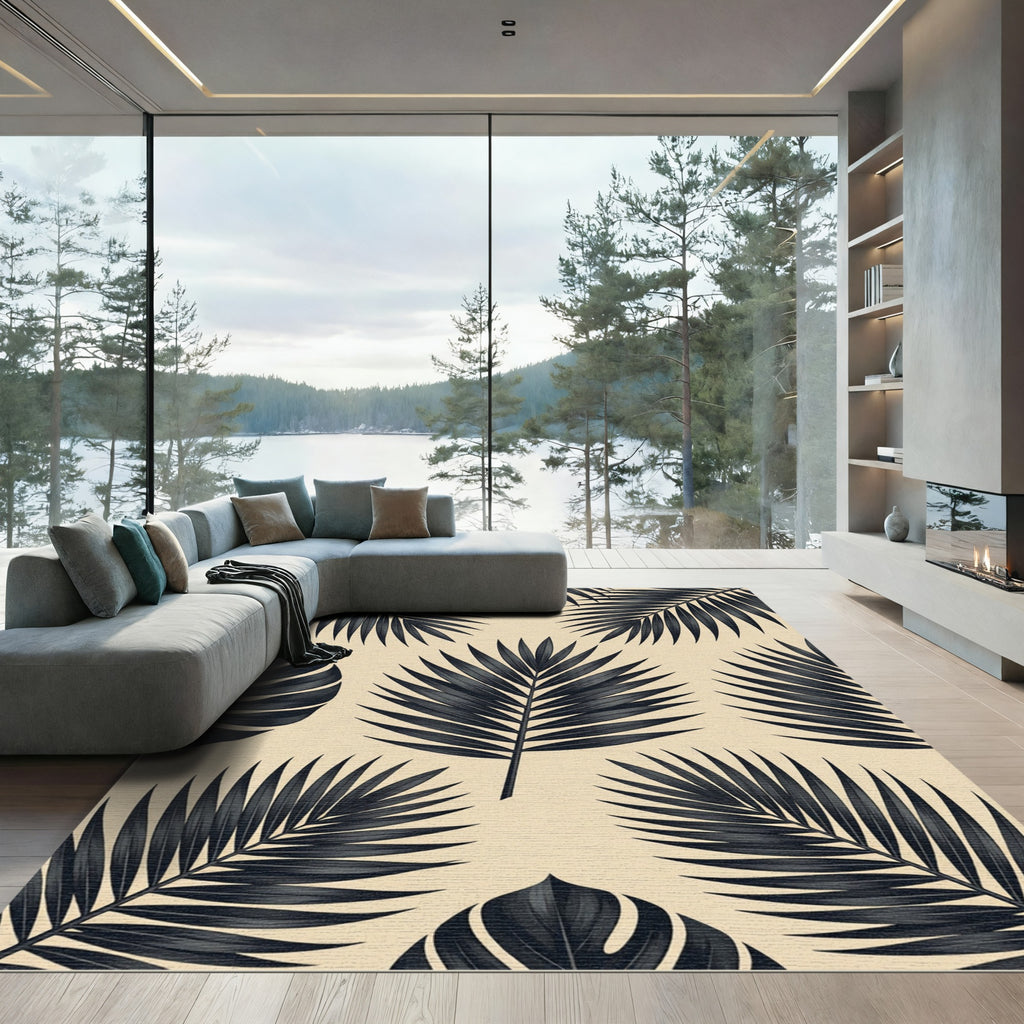 Minimalist Black Tropical Leaves on Beige Rug