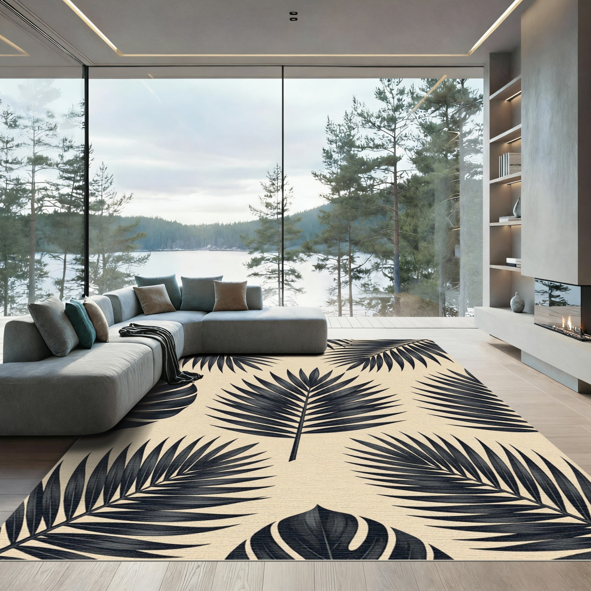 Minimalist Black Tropical Leaves on Beige Rug