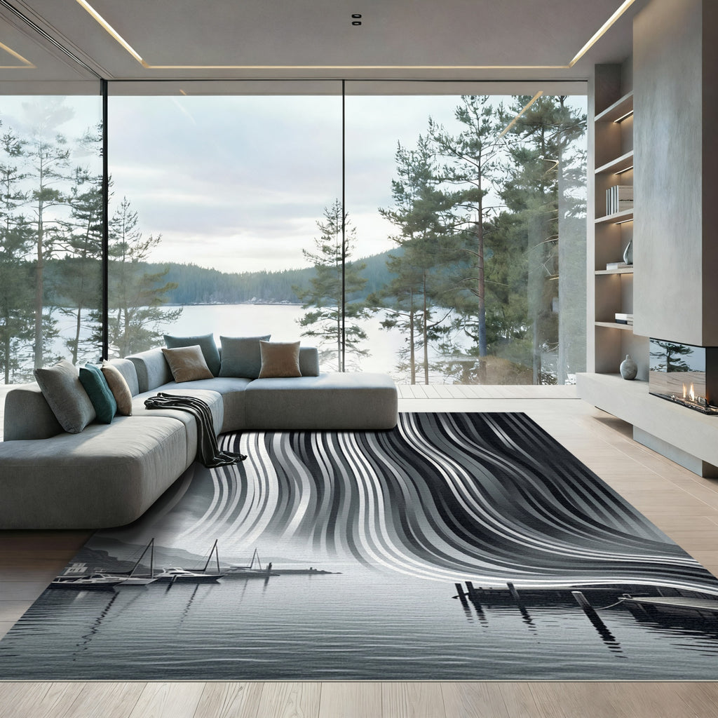 Monochrome Abstract Vertical Flow Waves Rug