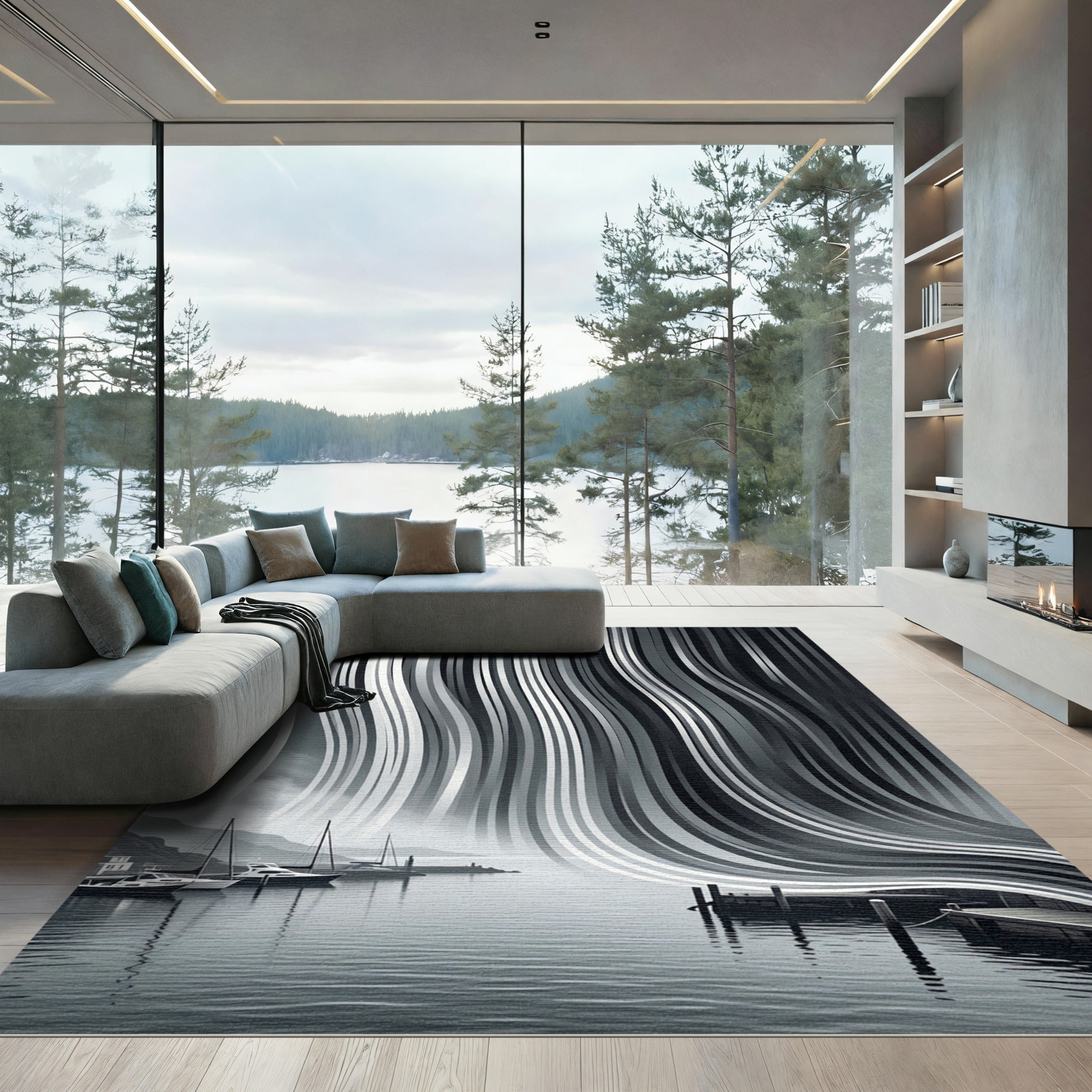 Monochrome Abstract Vertical Flow Waves Rug