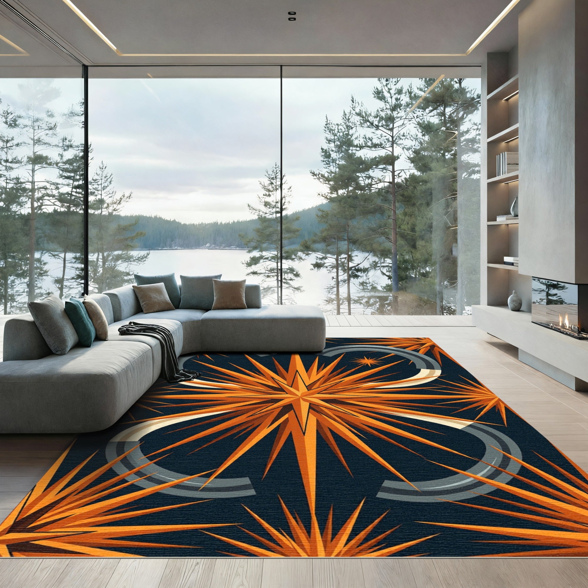 Golden Starburst Abstract Geometric Navy Rug