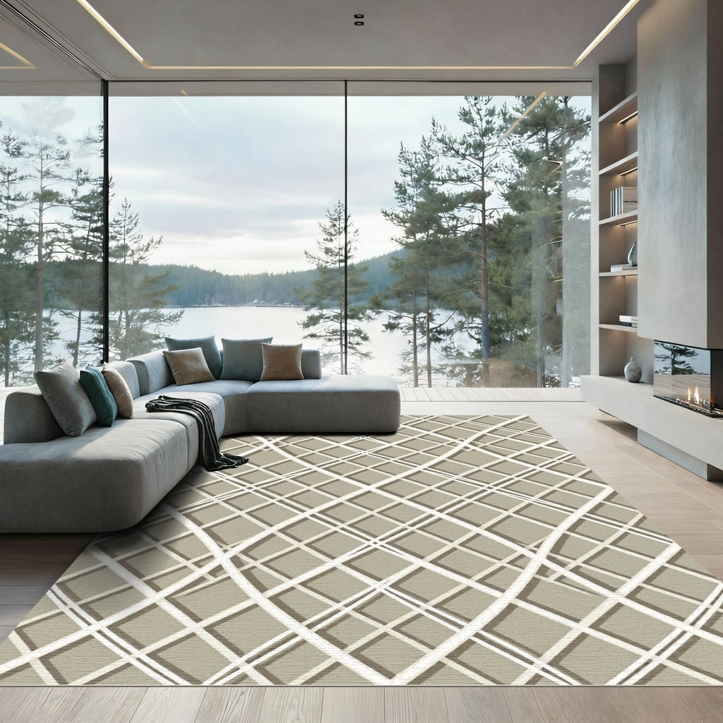 Contemporary Beige Intersecting Curved Grid Rug
